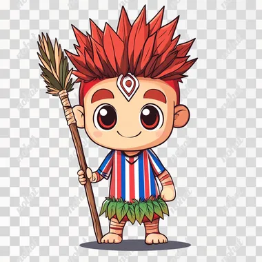 a cute cartoon Curupira character, chibi style, big expressive eyes, spiky bright red hair, with prominent backwards-facing feet, wearing a striped soccer uniform with red and blue vertical stripes and white details, leaf skirt under the uniform, small stature, friendly smiling expression, holding a wooden staff, indigenous features, white background, centered composition, kawaii style, simple clean art style