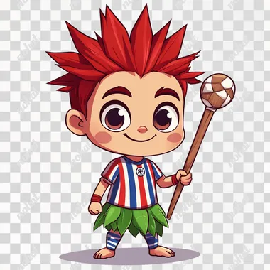 a cute cartoon Curupira character, chibi style, big expressive eyes, spiky bright red hair, with prominent backwards-facing feet, wearing a striped soccer uniform with red and blue vertical stripes and white details, leaf skirt under the uniform, small stature, friendly smiling expression, holding a wooden staff, indigenous features, white background, centered composition, kawaii style, simple clean art style