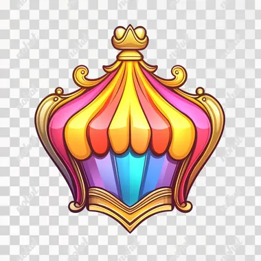 a circus tent logo, with bright and colorful colors, a cartoonish style, game art style, white background, border outline, gold metal material, gold frame, simple design