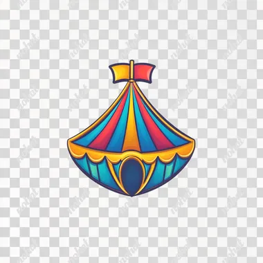 a circus tent logo, with bright and colorful colors, a cartoonish style, game art style, white background, border outline, gold metal material, gold frame, simple design