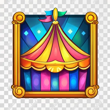 a circus tent logo, with bright and colorful colors, a cartoonish style, game art style, white background, border outline, gold metal material, gold frame, simple design