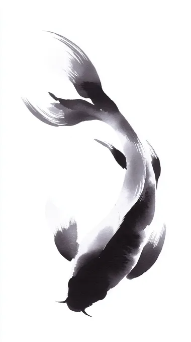 koi fish, minimalist Japanese sumi-e ink painting, black ink on white background, zen style, centered composition  --raw    imhuekl