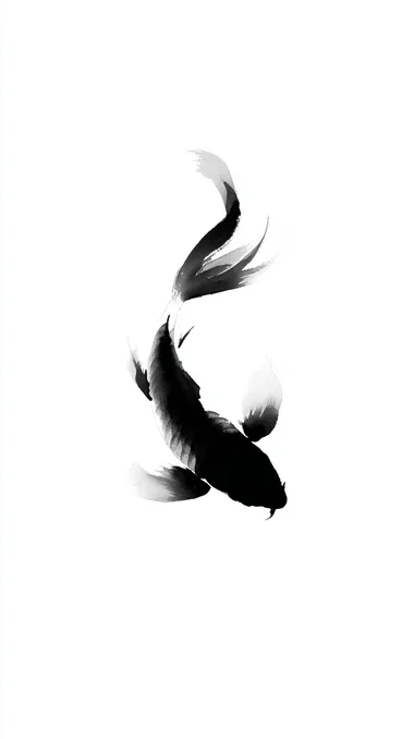 koi fish, minimalist Japanese sumi-e ink painting, black ink on white background, zen style, centered composition  --raw    imhuekl