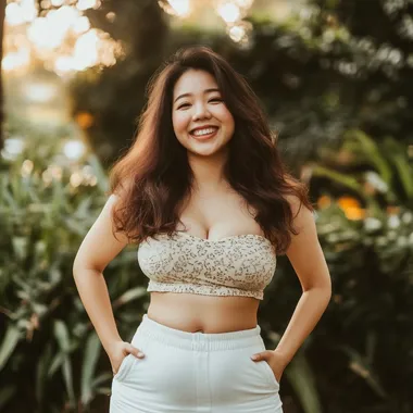 A asian woman happy about losing weight