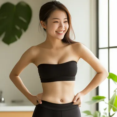 A asian woman happy about losing weight