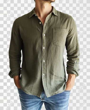 A model wearing an olive green long-sleeved shirt with denim jeans, a casual and relaxed style that is popular in the United States for men aged between their mid-20s to early 30s. The background should be neutral or light-colored, highlighting the texture of the cotton fabric on one side and the linen material on the other side. Focus attention on details like buttons, pockets, and subtle wrinkles around the collar and sleeves. Use natural lighting from above to create soft shadows.