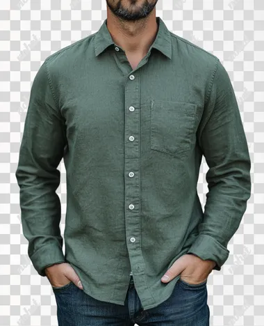 A model wearing an olive green long-sleeved shirt with denim jeans, a casual and relaxed style that is popular in the United States for men aged between their mid-20s to early 30s. The background should be neutral or light-colored, highlighting the texture of the cotton fabric on one side and the linen material on the other side. Focus attention on details like buttons, pockets, and subtle wrinkles around the collar and sleeves. Use natural lighting from above to create soft shadows.