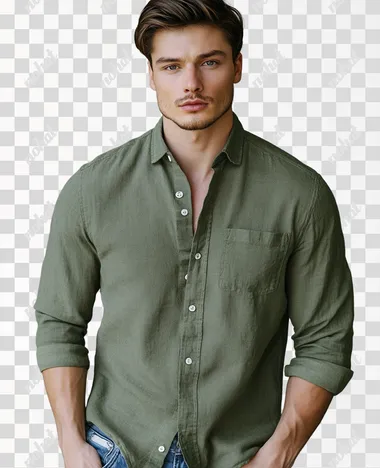 A model wearing an olive green long-sleeved shirt with denim jeans, a casual and relaxed style that is popular in the United States for men aged between their mid-20s to early 30s. The background should be neutral or light-colored, highlighting the texture of the cotton fabric on one side and the linen material on the other side. Focus attention on details like buttons, pockets, and subtle wrinkles around the collar and sleeves. Use natural lighting from above to create soft shadows.
