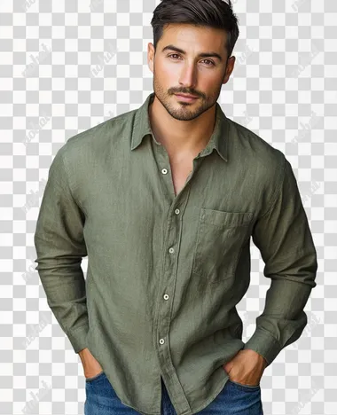 A model wearing an olive green long-sleeved shirt with denim jeans, a casual and relaxed style that is popular in the United States for men aged between their mid-20s to early 30s. The background should be neutral or light-colored, highlighting the texture of the cotton fabric on one side and the linen material on the other side. Focus attention on details like buttons, pockets, and subtle wrinkles around the collar and sleeves. Use natural lighting from above to create soft shadows.