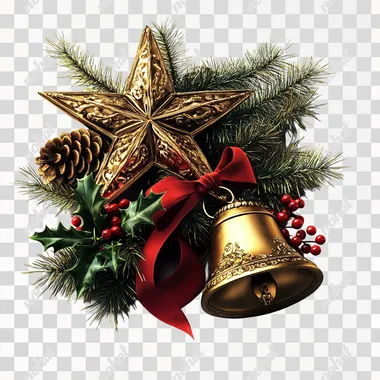 Festive Christmas decorations, including pine cones, a golden star, a bell tied with a red ribbon, and holly leaves with berries. Elegant composition with warm lighting, intricate textures, and soft shadows, all set on a transparent background. V-6.1