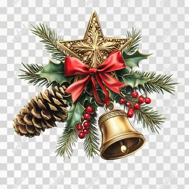 Festive Christmas decorations, including pine cones, a golden star, a bell tied with a red ribbon, and holly leaves with berries. Elegant composition with warm lighting, intricate textures, and soft shadows, all set on a transparent background. V-6.1