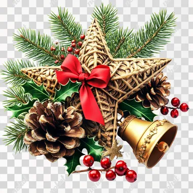 Festive Christmas decorations, including pine cones, a golden star, a bell tied with a red ribbon, and holly leaves with berries. Elegant composition with warm lighting, intricate textures, and soft shadows, all set on a transparent background. V-6.1