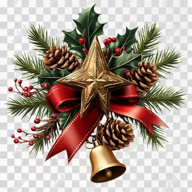 Festive Christmas decorations, including pine cones, a golden star, a bell tied with a red ribbon, and holly leaves with berries. Elegant composition with warm lighting, intricate textures, and soft shadows, all set on a transparent background. V-6.1
