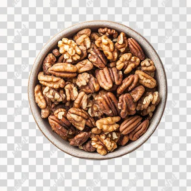 top down pic of walnuts and pecan in a bowl on a white background