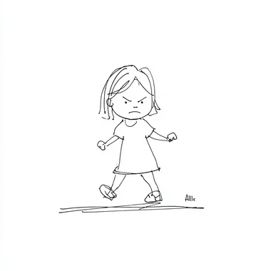 cute little girl with an angry expression, walking, anime style, soft pastel colors, chibi proportions, highly detailed, white background, crayon art style, textured lines, soft edges, playful and colorful rofile 5qf5vev