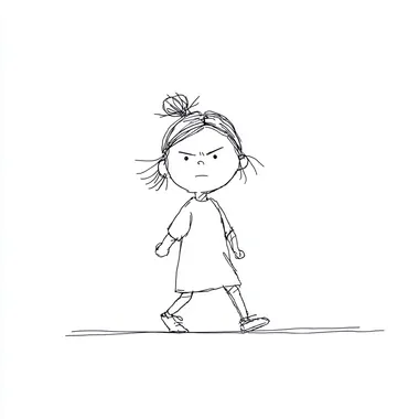 cute little girl with an angry expression, walking, anime style, soft pastel colors, chibi proportions, highly detailed, white background, crayon art style, textured lines, soft edges, playful and colorful rofile 5qf5vev