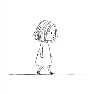 cute little girl with an angry expression, walking, anime style, soft pastel colors, chibi proportions, highly detailed, white background, crayon art style, textured lines, soft edges, playful and colorful rofile 5qf5vev