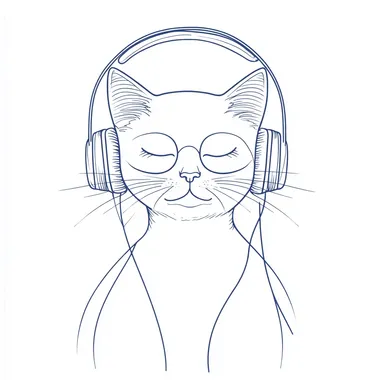 Graphic illustration, Line art, cat, Listen to music with headphones, Minimalism, simple lines, stick figures, Minimum Thick line logo, Thick stick figures, Klein Bluewhite background.
