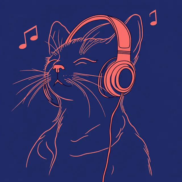 Minimalist Cat Enjoying Music with Headphones
