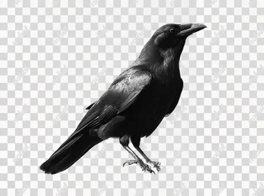 A curious black crow tilting its head sideways, showing off its sleek silhouette and distinctive shoulder feathers, isolated on plain white background with no shadows, cut out    --raw