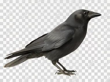 A curious black crow tilting its head sideways, showing off its sleek silhouette and distinctive shoulder feathers, isolated on plain white background with no shadows, cut out    --raw