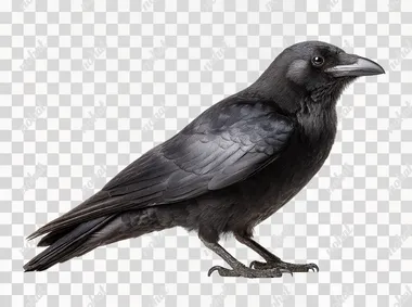 A curious black crow tilting its head sideways, showing off its sleek silhouette and distinctive shoulder feathers, isolated on plain white background with no shadows, cut out    --raw
