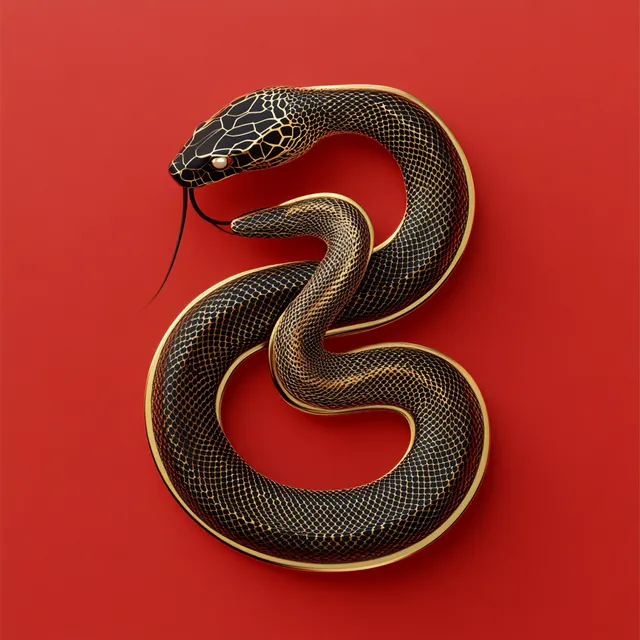 Snake Abstract Art on Red Background with Gold Curved Lines Design