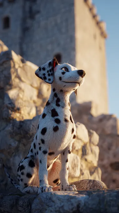 A Disney-style Dalmatian, set against the ancient city walls of Dubronik in Croatia, anthropomorphic, cute 3D wind, 3D animation wind, natural light, cute, high quality, high resolution, 8K