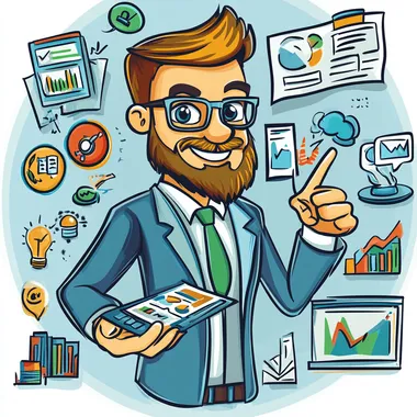 Show a cartoon-style male PPC advertising expert, wearing smart office attire, surrounded by online ad metrics, charts, and digital advertising icons. He has a focused, strategic look while pointing at a screen with advertising performance data, conveying an aura of confidence in the fast-paced world of digital advertising