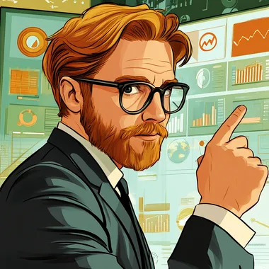 Show a cartoon-style male PPC advertising expert, wearing smart office attire, surrounded by online ad metrics, charts, and digital advertising icons. He has a focused, strategic look while pointing at a screen with advertising performance data, conveying an aura of confidence in the fast-paced world of digital advertising