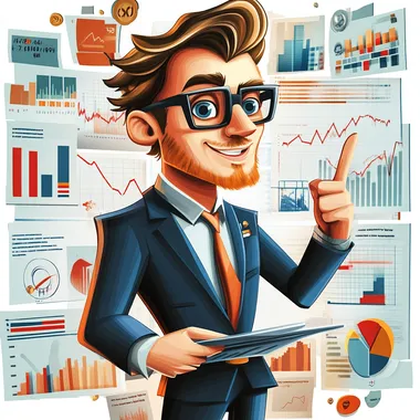 Show a cartoon-style male PPC advertising expert, wearing smart office attire, surrounded by online ad metrics, charts, and digital advertising icons. He has a focused, strategic look while pointing at a screen with advertising performance data, conveying an aura of confidence in the fast-paced world of digital advertising