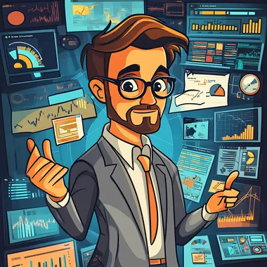 Show a cartoon-style male PPC advertising expert, wearing smart office attire, surrounded by online ad metrics, charts, and digital advertising icons. He has a focused, strategic look while pointing at a screen with advertising performance data, conveying an aura of confidence in the fast-paced world of digital advertising
