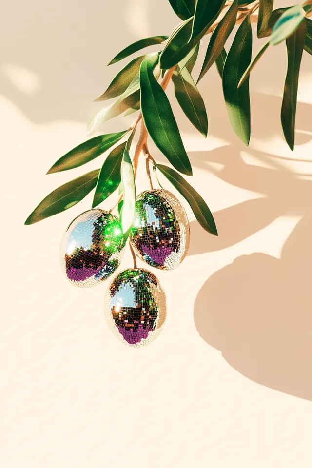 Mirror Mosaic Olives Among Realistic Greenery: A Hyperrealistic Print