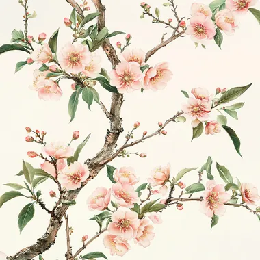 Peach blossoms and green leaves, tree branches, real