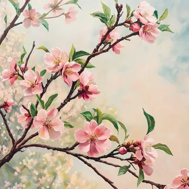 Peach blossoms and green leaves, tree branches, real