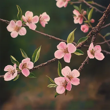 Peach blossoms and green leaves, tree branches, real
