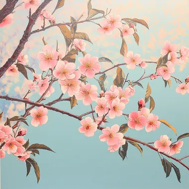Peach blossoms and green leaves, tree branches, real