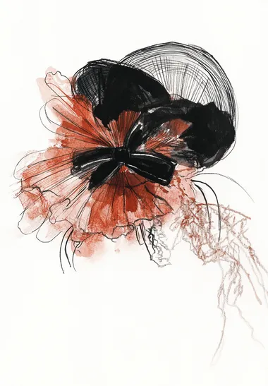 A vintage fashion illustration of a woman in a black hat with a bow, created with ink pen and watercolor on a white background. The illustration has a vintage aesthetic, with an elegant and glamorous style. The bold colors and strong lines give the fashion sketch a chic, retro-inspired elegance.