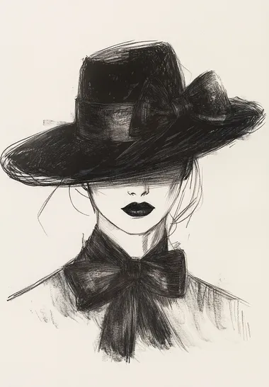 A vintage fashion illustration of a woman in a black hat with a bow, created with ink pen and watercolor on a white background. The illustration has a vintage aesthetic, with an elegant and glamorous style. The bold colors and strong lines give the fashion sketch a chic, retro-inspired elegance.