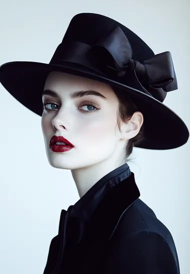 A vintage fashion illustration of a woman in a black hat with a bow, created with ink pen and watercolor on a white background. The illustration has a vintage aesthetic, with an elegant and glamorous style. The bold colors and strong lines give the fashion sketch a chic, retro-inspired elegance.