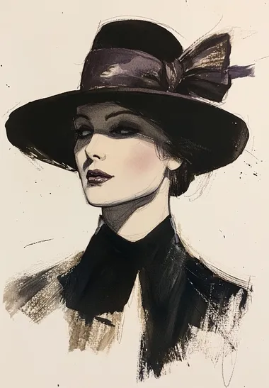 A vintage fashion illustration of a woman in a black hat with a bow, created with ink pen and watercolor on a white background. The illustration has a vintage aesthetic, with an elegant and glamorous style. The bold colors and strong lines give the fashion sketch a chic, retro-inspired elegance.