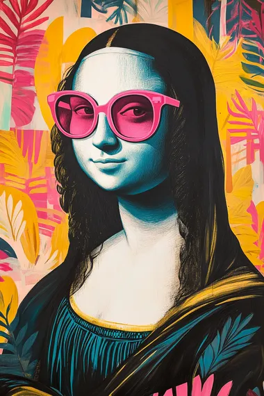 abstract preppy artwork of Mona Lisa wearing pink sunglasses