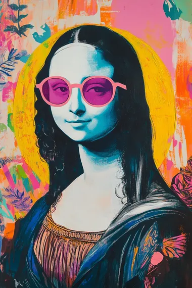 abstract preppy artwork of Mona Lisa wearing pink sunglasses