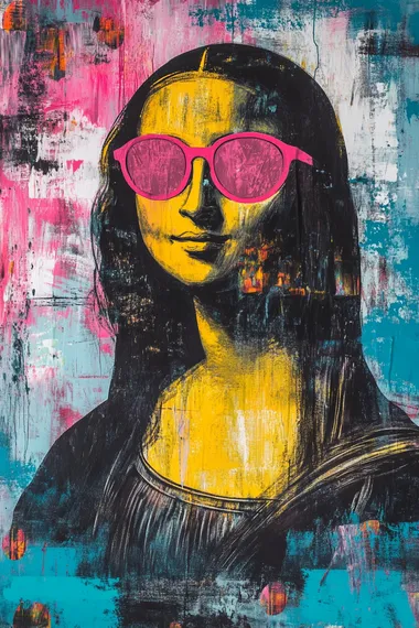 abstract preppy artwork of Mona Lisa wearing pink sunglasses