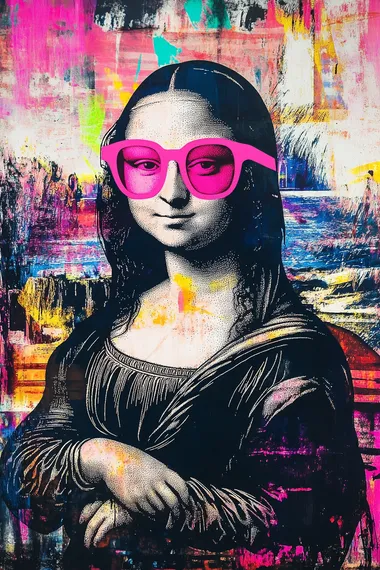 abstract preppy artwork of Mona Lisa wearing pink sunglasses