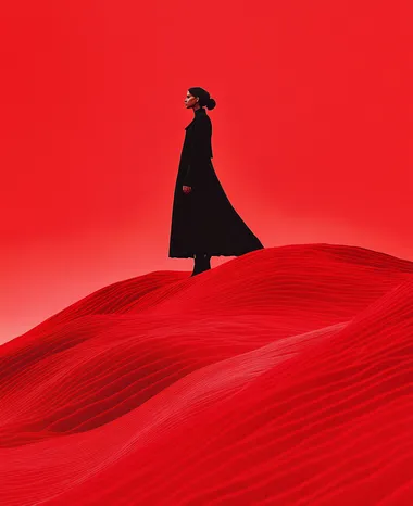 A person standing on top of large, red, wavy hills, in the style of fashion photography, against a red background, with a minimalist aesthetic.  --s 250