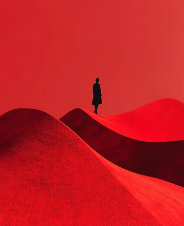 A person standing on top of large, red, wavy hills, in the style of fashion photography, against a red background, with a minimalist aesthetic.  --s 250