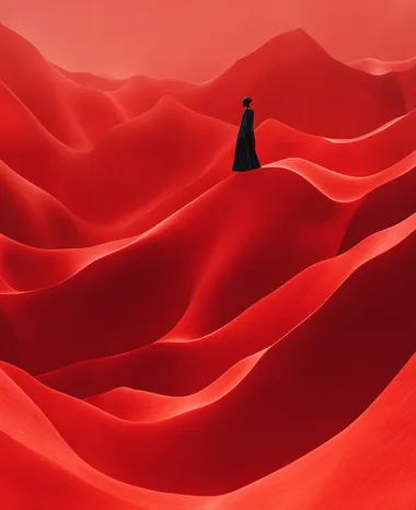 A person standing on top of large, red, wavy hills, in the style of fashion photography, against a red background, with a minimalist aesthetic.  --s 250