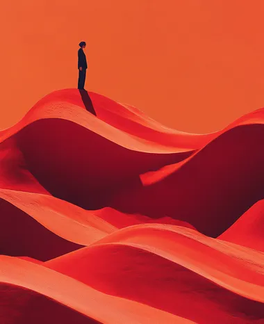 A person standing on top of large, red, wavy hills, in the style of fashion photography, against a red background, with a minimalist aesthetic.  --s 250