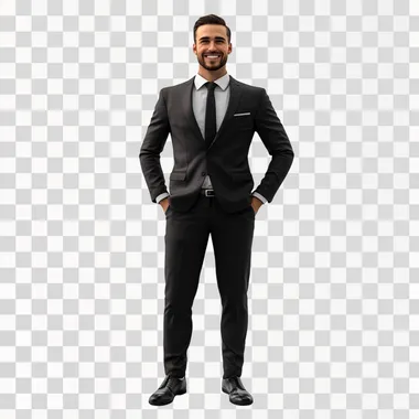 Short haired man standing, smiling, he is wearing a suit. Full body. White background, Unreal Engine Style, Photorealistic but 3d model effect is visible. Higher camera angle